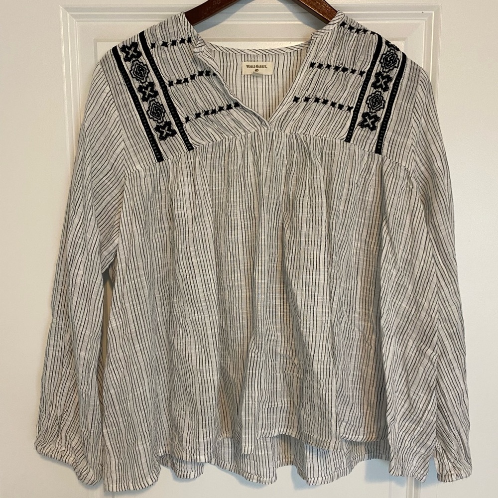 World Market | Navy & White Stripe Linen Blouse